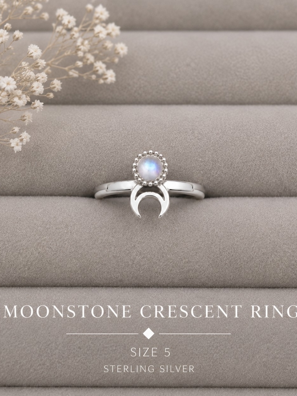 Moonstone Crescent Ring - Sterling Silver - Size 5